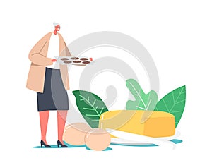 Senior Woman Carry Tray with Fresh Pies or Cookies. Grandmother Hospitality and Fat Food Concept. Granny with Patties