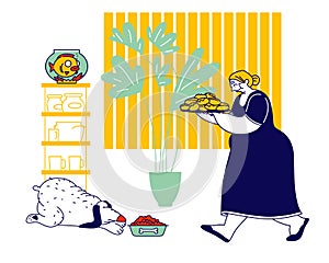 Senior Woman Carry Tray with Pile of Fresh Pies. Grandmother Hospitality and Fat Food Concept. Fatty Dog Eating on Floor