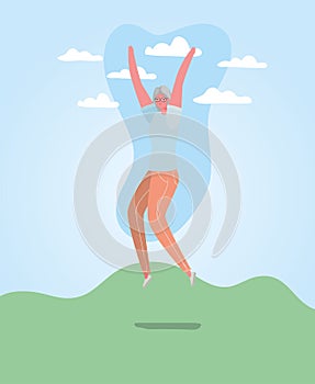 Senior woman cartoon jumping at park vector design