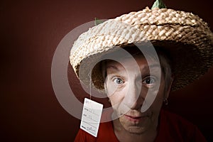 Senior woman in a cheap straw hat