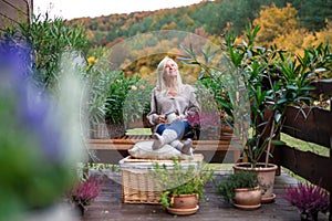 Senior woman with coffee sitting outdoors on terrace, resting.