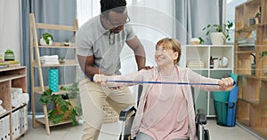 Senior woman with disability, physiotherapy and stretching band for muscle rehabilitation, physical therapy and