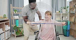 Senior woman with disability, physiotherapy and stretching band for muscle rehabilitation, physical therapy and