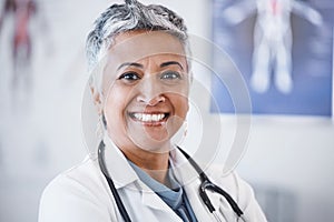 Senior woman, doctor and portrait smile for healthcare, anatomy or cardiology at hospital. Face of happy elderly female