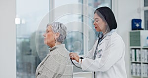 Senior woman, doctor and stethoscope on back to listen to lungs for breathing test. Elderly, medical professional and