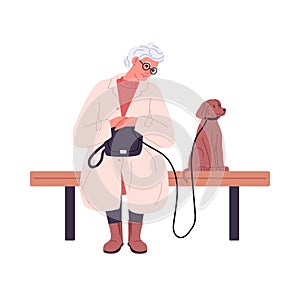 Senior woman with dog sitting on bench and waiting. Old aged lady with bag and doggy on leash. Elderly female and puppy