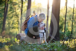 A senior woman with dog on a walk outdoors in forest, resting.