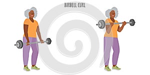 Senior woman doing barbell curl exercise