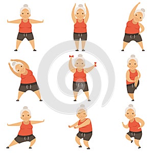 Senior woman doing morning exercises, active and healthy lifestyle of retired people vector Illustration on a white