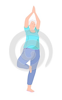 Senior woman doing yoga exercises. Full length of mature character in tree pose isolated on white background. Balance