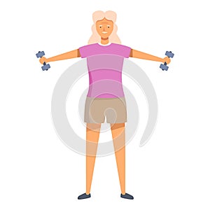 Senior woman with dumbbells icon cartoon vector. Healthy workout
