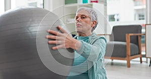 Senior woman, exercise and ball at home for fitness, meditation and workout for health and wellness. Elderly female