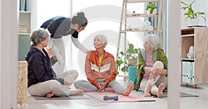 Senior woman, exercise group and personal trainer on floor, home and talk for training advice, workout or health