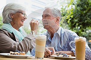 Senior woman feeding tart to man in cafÃ©