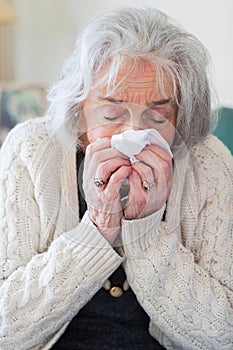 Senior Woman With Flu Blowing Nose At Home