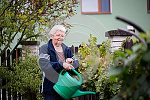 Senior woman gardening, watering her plants and flowers at her huge garden, gardening concept