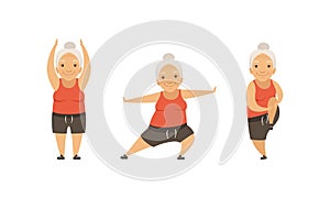 Senior Woman with Grey Hair Doing Physical Exercises Stretching Vector Set