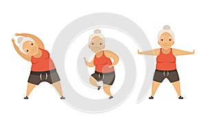 Senior Woman with Grey Hair Doing Physical Exercises Stretching Vector Set