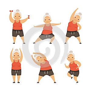 Senior Woman with Grey Hair Doing Physical Exercises Stretching Vector Set