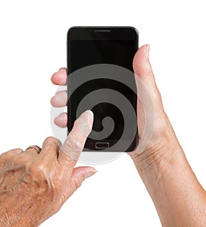 Senior woman hand with smart phone isolated