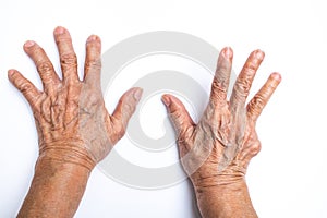 Senior woman hands counting 9 isolated on white background, Numbers 1-10 in sign language concept