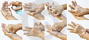 Senior woman hands washing her hands using soap foam step in step on white background, Prevention from covid19