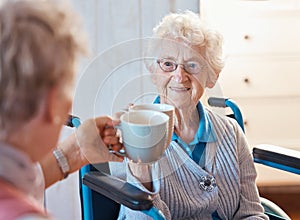 Senior woman, happy friends and toast coffee in wheelchair in room, house or nursing home together. Elderly women, mug