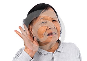 Senior woman hearing isolated on white background