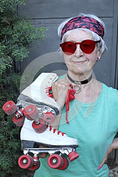 Senior woman with her roller blades