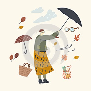 Senior Woman Hold Broken Umbrella Protecting from Hurricane. Aged Female Character Fighting with Extremely Blowing Wind