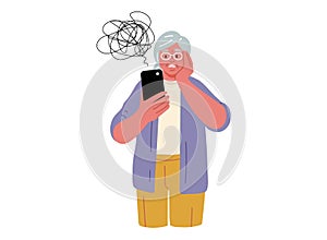 Senior woman is holding a mobile phone and having troubles.Vector Illustration