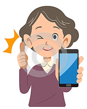 Senior woman holding a smartphone and thumbing up