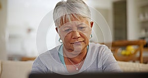Senior woman, house and laptop with focus, thinking and planning for retirement fund, finances or pension. Elderly