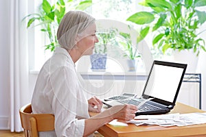 Senior woman laptop bills receipts photo