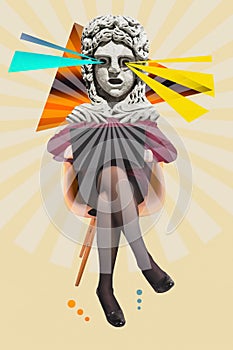 Funny buisness woman with statue head sitting with laptop on color abstract background. photo
