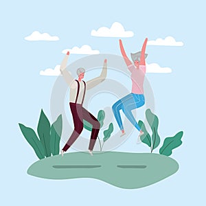 Senior woman and man cartoons jumping at park vector design