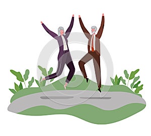 Senior woman and man cartoons jumping at park vector design