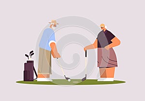 senior woman man couple playing golf aged family players taking a shot active old age concept