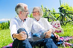 Senior woman and man having picnic on meadow