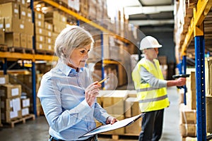 Senior woman manager and man worker working in a warehouse.