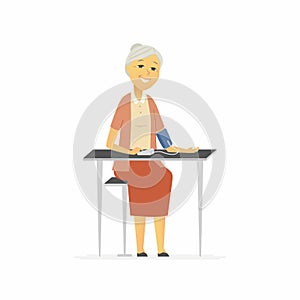 Senior woman measures blood pressure - cartoon people characters isolated illustration