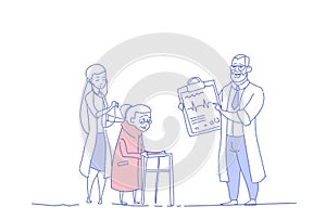 Senior woman medical consultation doctors group pensioner in hospital health care concept sketch doodle horizontal
