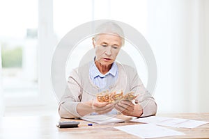 Senior woman with money and papers at home