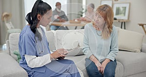 Senior woman with nurse, questions and clipboard with caregiver and elderly care, checklist and health insurance