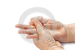 Senior woman painful finger due to prolonged use computers