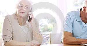 Senior woman on phone call and man using laptop