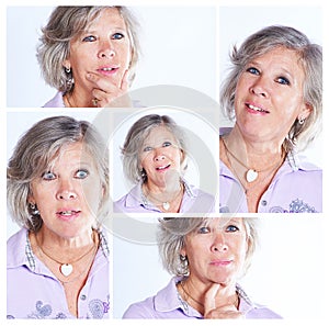 Senior woman, portrait and collage with expressions for comedy, humor or personality in montage. Elderly female person