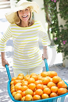 Senior Woman Pushing Wheelbarrow F