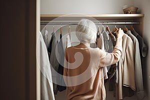 Senior woman putting clothes at wardrobe at home back view created with Generative AI technology