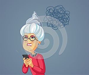 Senior Woman Reading Conspiracy Theories Online Vector Cartoon